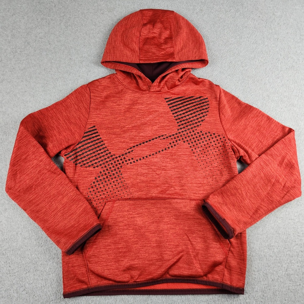 Under Armour Hoodie Boys Medium Red ColdGear Graphic Logo Fleece Lined Pullover